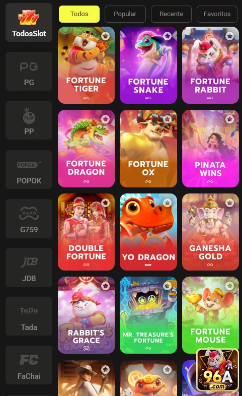 Interface de slot games da 96a em ambiente seguro